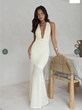 Plunge-Neck Pale Yellow Maxi Gown